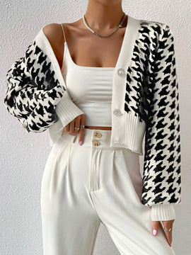 Essnce cardigan casual de mujer con botones y mangas de farol, dobladillo ancho y estampado de pata de gallo