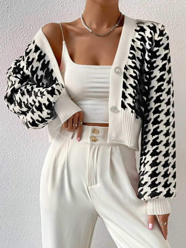 Essnce cardigan casual de mujer con botones y mangas de farol, dobladillo ancho y estampado de pata de gallo