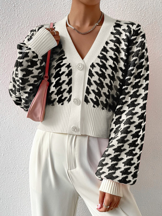 Essnce cardigan casual de mujer con botones y mangas de farol, dobladillo ancho y estampado de pata de gallo