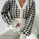 Essnce cardigan casual de mujer con botones y mangas de farol, dobladillo ancho y estampado de pata de gallo