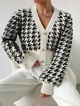 Essnce cardigan casual de mujer con botones y mangas de farol, dobladillo ancho y estampado de pata de gallo