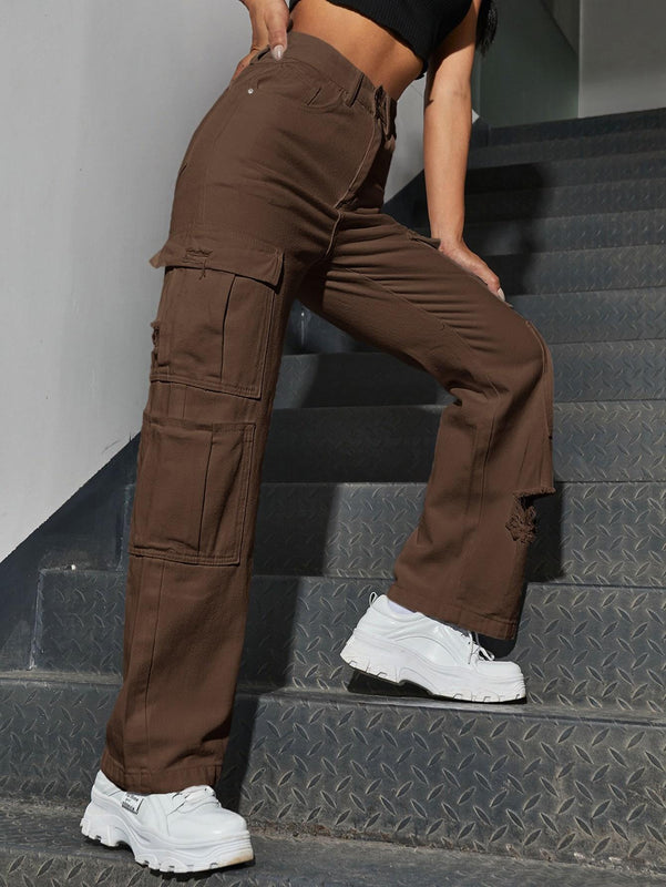 Jeans desgarro de talle alto bolsillo con solapa occidental