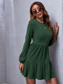Vestido De Mujer Con Manga Farol De Color Liso Y Dobladillo Con Volantes