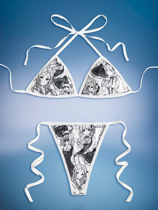ROMWE Anime Set de lenceria con estampado de figura halter con cordon lateral