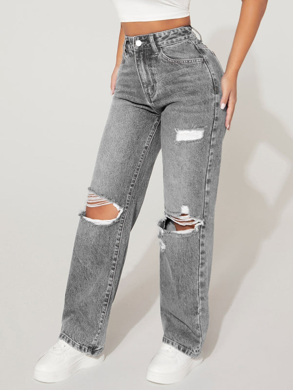 Jeans de pierna recta con abertura desgarro crudo