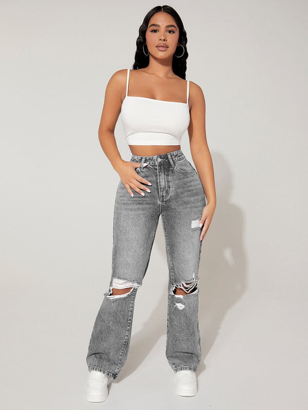Jeans de pierna recta con abertura desgarro crudo