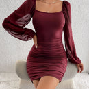 Tall Vestido ajustado de cuello scoop de manga farol fruncido lateral