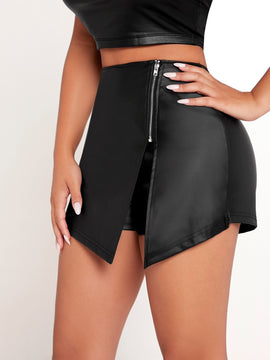 PETITE Cintura alta Cremallera frontal Falda pantalon de PU para las mujeres para la fiesta