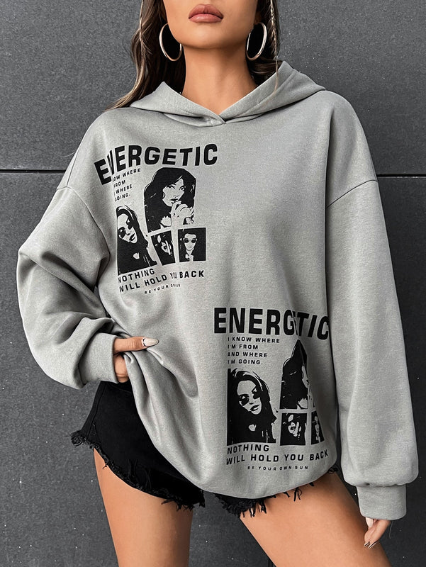 Ezwear sudadera con capucha con grafico de retrato con eslogan de manga larga y caida de hombros roja para mujer de otono/invierno