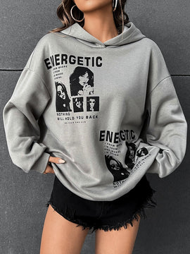 Ezwear sudadera con capucha con grafico de retrato con eslogan de manga larga y caida de hombros roja para mujer de otono/invierno