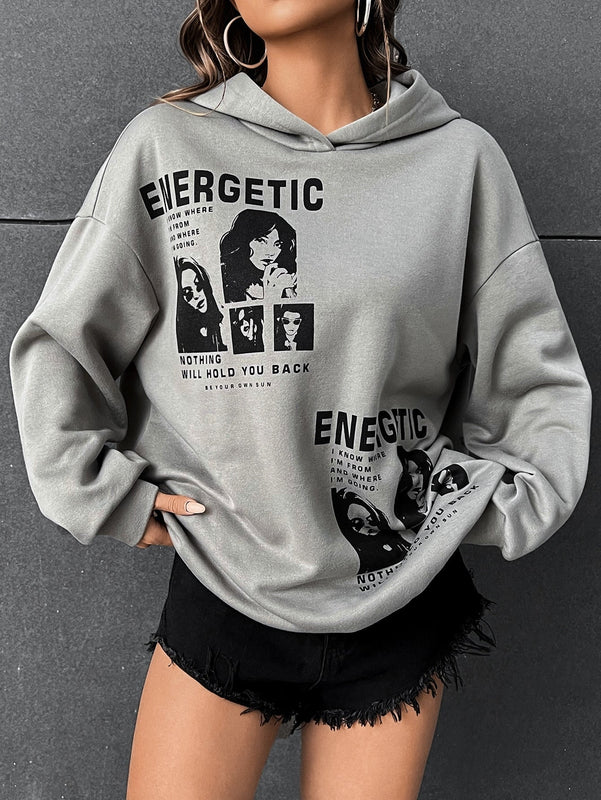 Ezwear sudadera con capucha con grafico de retrato con eslogan de manga larga y caida de hombros roja para mujer de otono/invierno