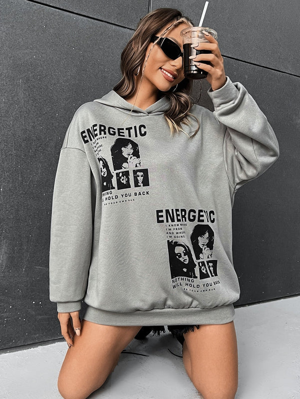 Ezwear sudadera con capucha con grafico de retrato con eslogan de manga larga y caida de hombros roja para mujer de otono/invierno