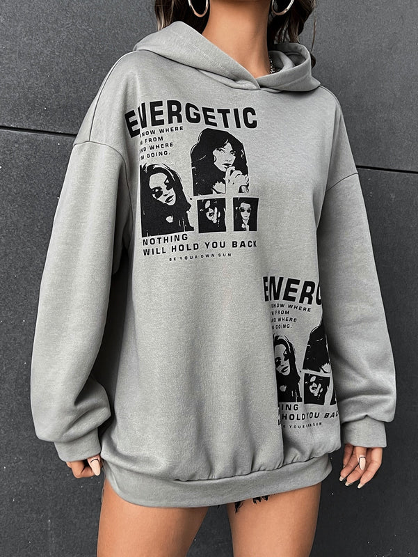 Ezwear sudadera con capucha con grafico de retrato con eslogan de manga larga y caida de hombros roja para mujer de otono/invierno