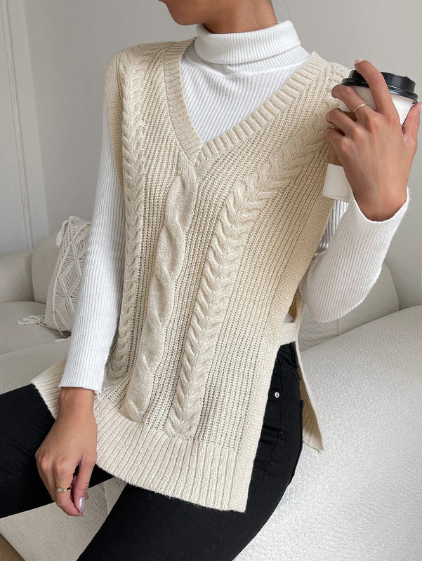 EZwear Mujer Primavera Moda Albaricoque 1 Pieza Tejido De Ochos Dobladillo Dividido Chaleco Tipo Sueter
