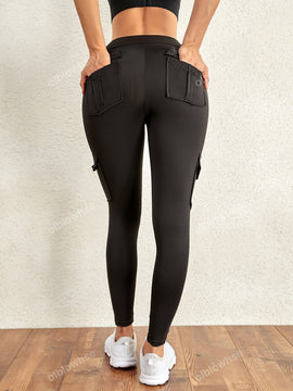 Leggings deportivos de cintura alta, color rosa, con multiples bolsillos con solapa, cinturilla ancha, para correr, yoga, fitness, pantalones ajustados, pantalones de entrenamiento informales