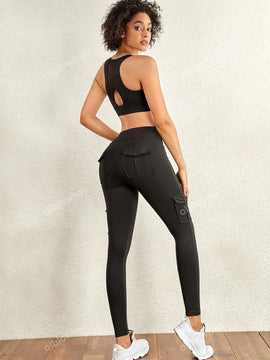 Leggings deportivos de cintura alta, color rosa, con multiples bolsillos con solapa, cinturilla ancha, para correr, yoga, fitness, pantalones ajustados, pantalones de entrenamiento informales