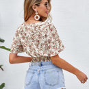 VCAY Top corto floral de espalda con fruncido de manga con volante de cuello cruzado