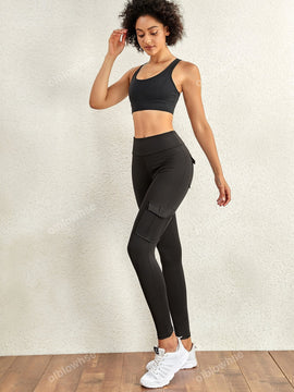 Leggings deportivos de cintura alta, color rosa, con multiples bolsillos con solapa, cinturilla ancha, para correr, yoga, fitness, pantalones ajustados, pantalones de entrenamiento informales