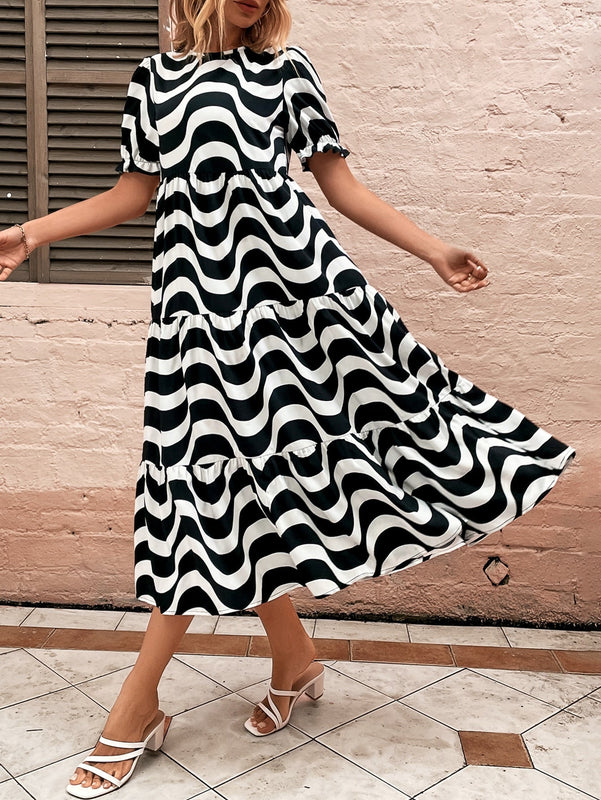 VCAY Vestido smock con estampado de rayas de onda de manga farol