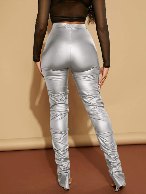 SXY Pantalones ajustados de talle alto fruncido PU