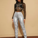 SXY Pantalones ajustados de talle alto fruncido PU