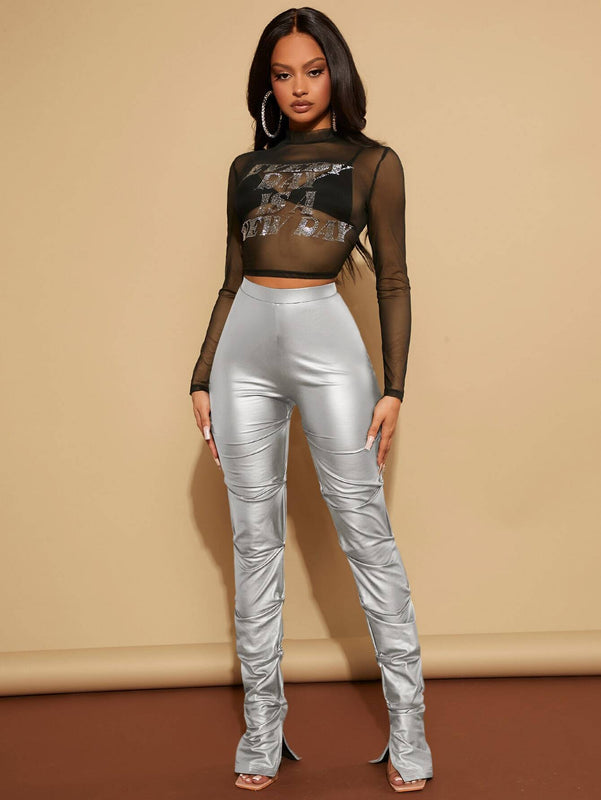 SXY Pantalones ajustados de talle alto fruncido PU