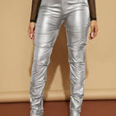 SXY Pantalones ajustados de talle alto fruncido PU