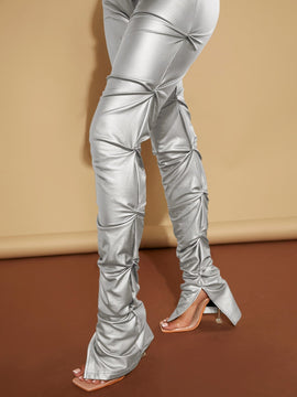 SXY Pantalones ajustados de talle alto fruncido PU