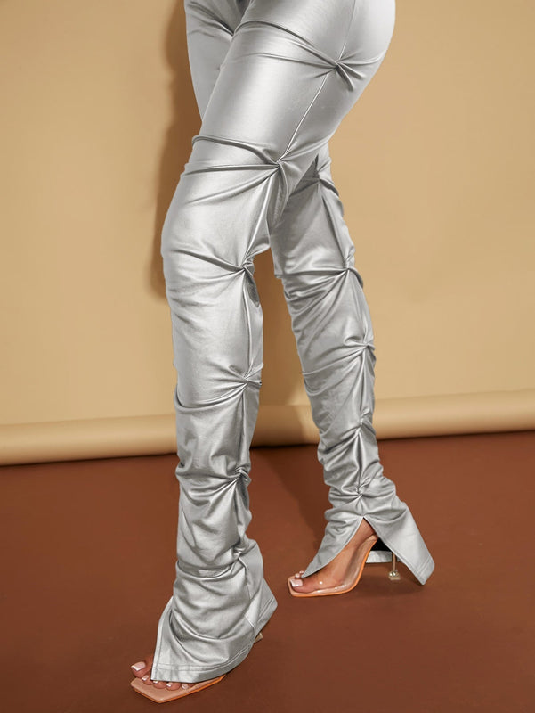 SXY Pantalones ajustados de talle alto fruncido PU