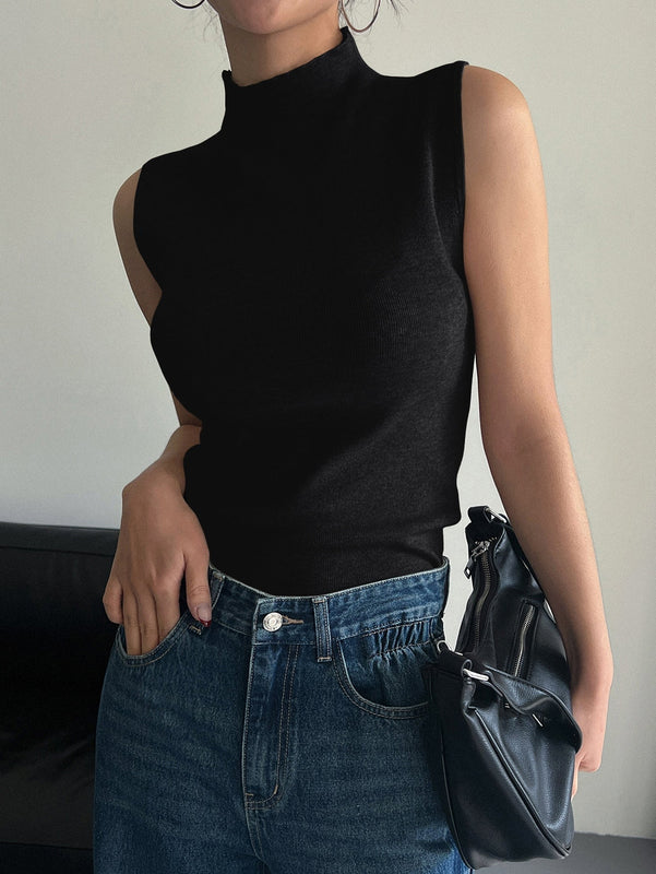 DAZY Top De Punto A Rayas Con Cuello Alto Y Sin Mangas