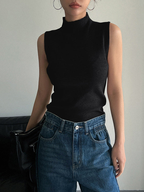 DAZY Top De Punto A Rayas Con Cuello Alto Y Sin Mangas