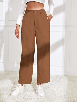 EZwear Pantalones de talle alto con bolsillo oblicuo de pana