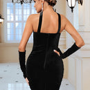 X Antonella   Vestido ajustado bustier ribete lanudo fruncido con 1 par guantes