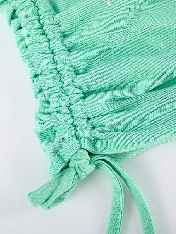 Joyfunear Vestido ajustado de cuello cuadrado de manga farol con cordon con lentejuelas