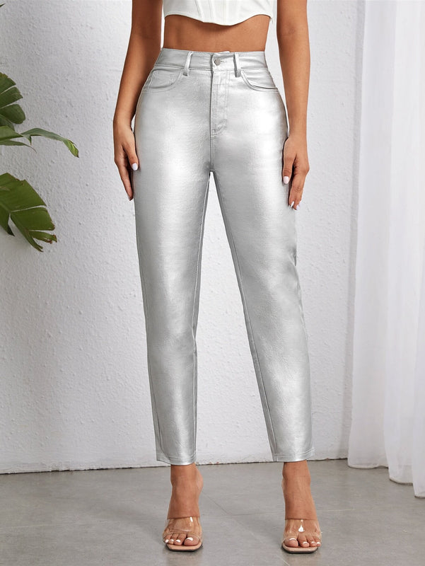Pantalones con forma de cono metalico de moda para mujer