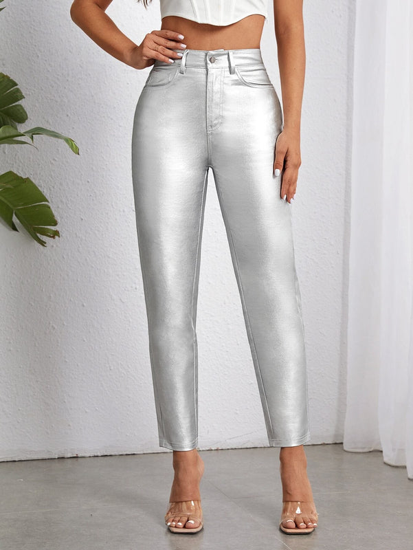 Pantalones con forma de cono metalico de moda para mujer