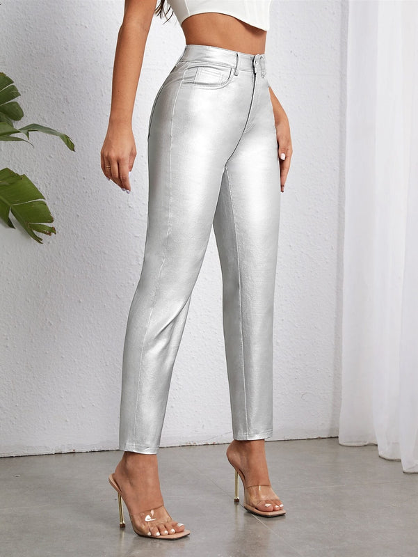 Pantalones con forma de cono metalico de moda para mujer
