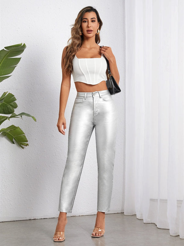 Pantalones con forma de cono metalico de moda para mujer