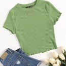 EZwear Camiseta unicolor ribete en forma de lechuga tejido de canale
