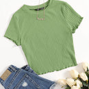 EZwear Camiseta unicolor ribete en forma de lechuga tejido de canale