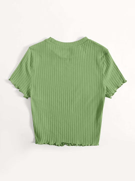 EZwear Camiseta unicolor ribete en forma de lechuga tejido de canale