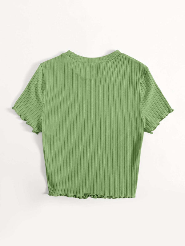 EZwear Camiseta unicolor ribete en forma de lechuga tejido de canale
