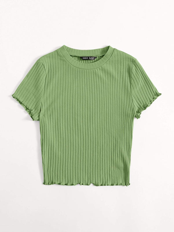 EZwear Camiseta unicolor ribete en forma de lechuga tejido de canale