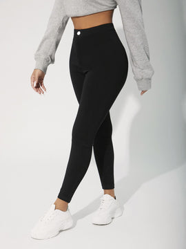 PETITE Pantalones ajustados solidos de primavera-verano para mujeres con botones en la parte delantera