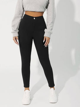 PETITE Pantalones ajustados solidos de primavera-verano para mujeres con botones en la parte delantera