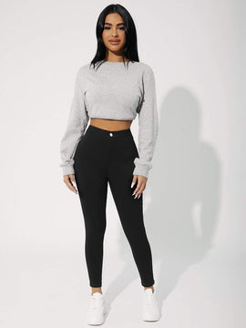 PETITE Pantalones ajustados solidos de primavera-verano para mujeres con botones en la parte delantera