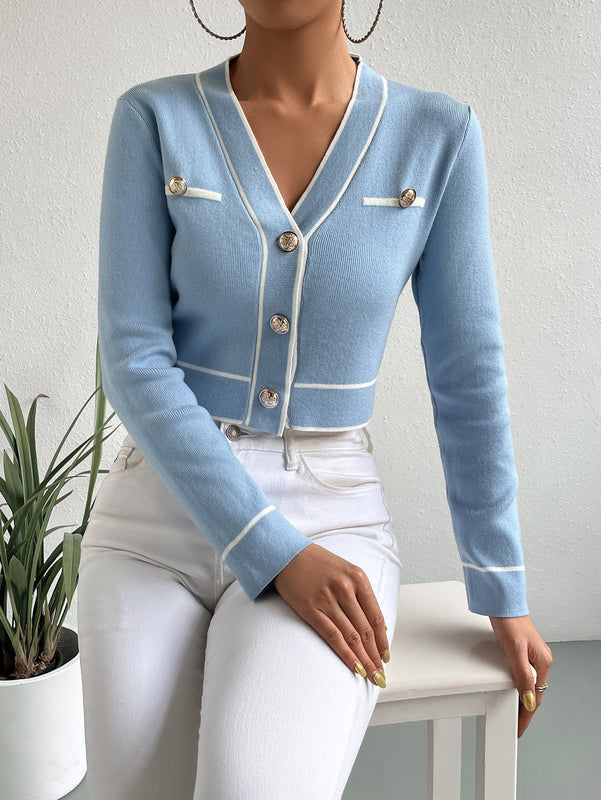 Clasi cardigan corto informal con ribete en bloques de color, otono