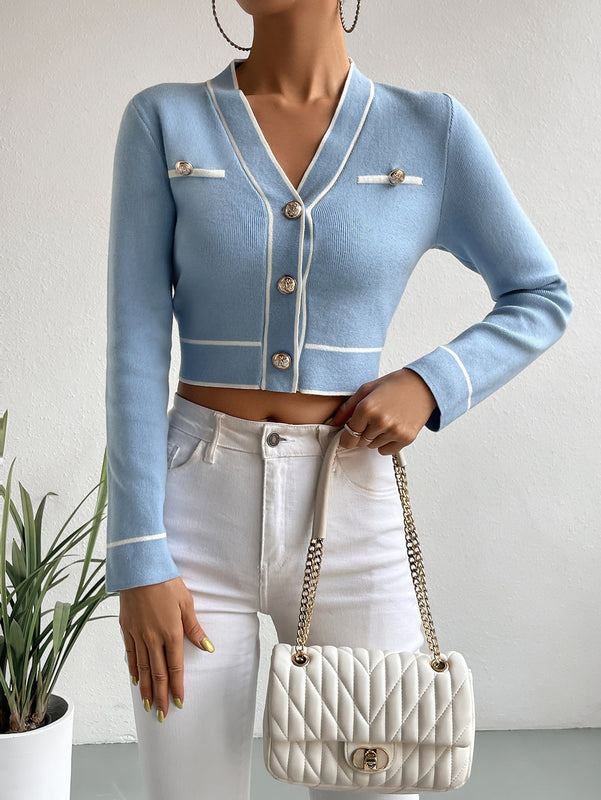 Clasi cardigan corto informal con ribete en bloques de color, otono