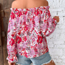 VCAY Blusa con estampado floral de hombros descubiertos de manga con volante ribete con fruncido