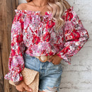 VCAY Blusa con estampado floral de hombros descubiertos de manga con volante ribete con fruncido